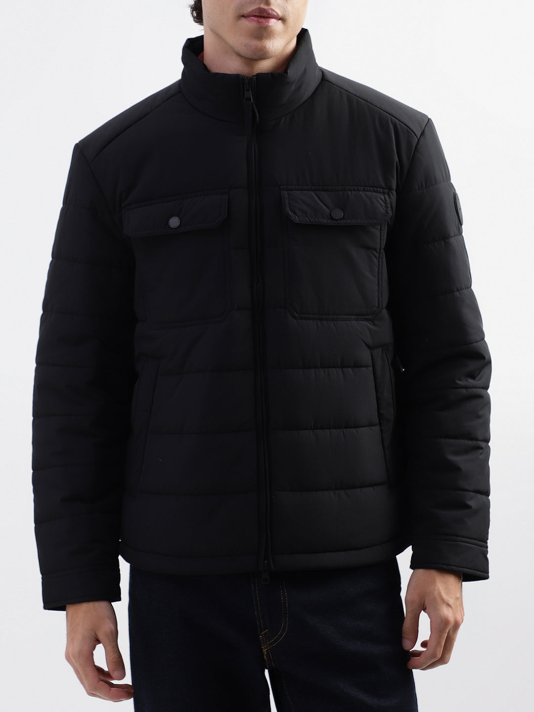 Black oversized vinyl down jacket with straps and logo | The Kooples - US