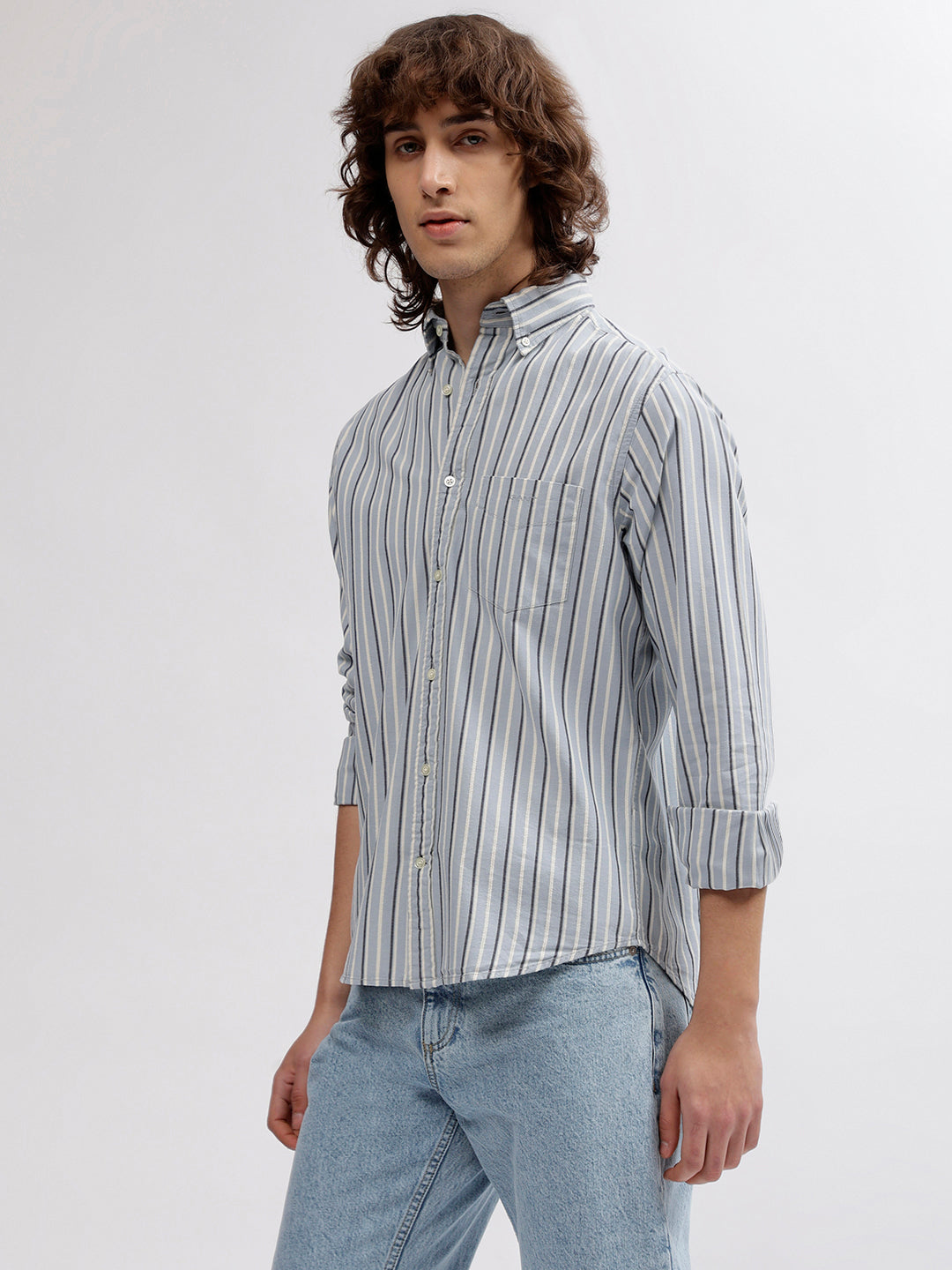 Gant Men Blue Striped Button Down Collar Full Sleeves Shirt