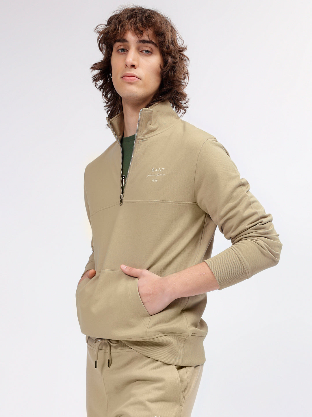 Gant Men Khaki Solid High Neck Long Sleeves Sweatshirt