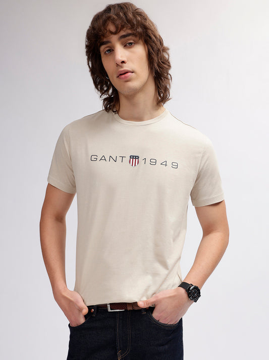 Gant Men Beige Solid Round Neck Short Sleeves T-shirt