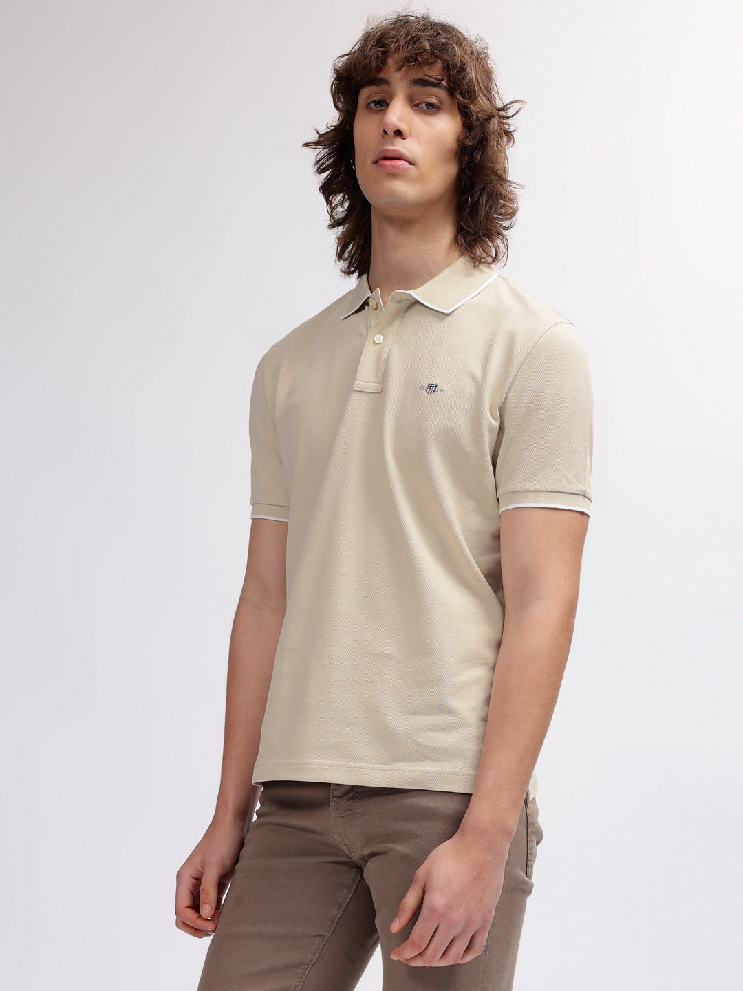 Gant Men Beige Solid Polo Collar Short Sleeves T-shirt