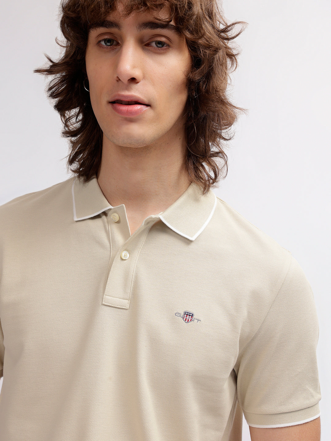 Gant Men Beige Solid Polo Collar Short Sleeves T-shirt