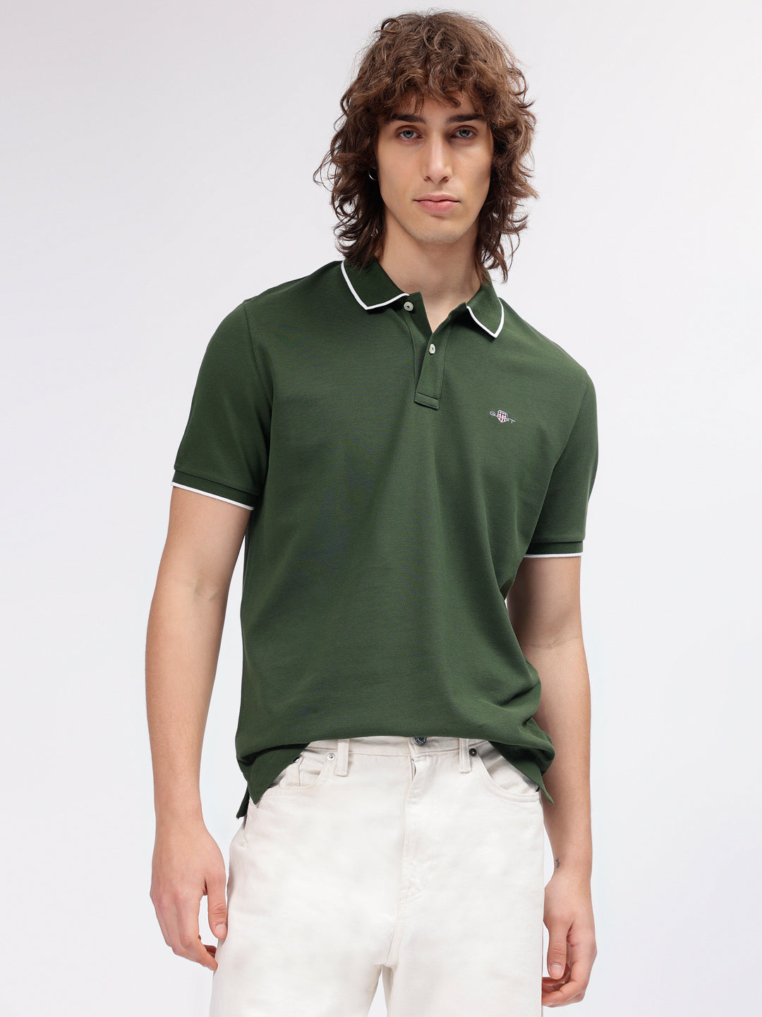 Gant Men Green Solid Polo Collar Short Sleeves T-shirt