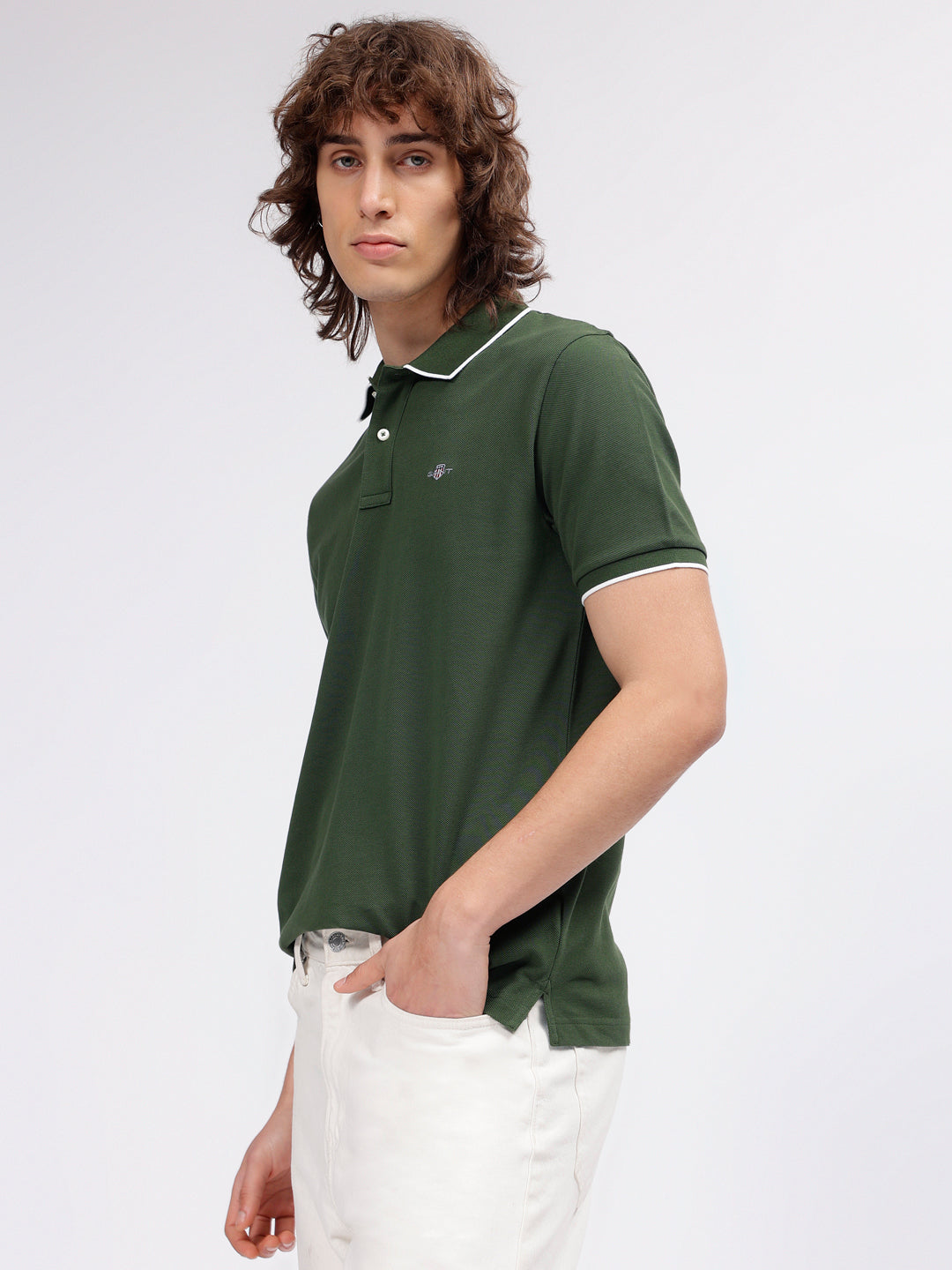 Gant Men Green Solid Polo Collar Short Sleeves T-shirt