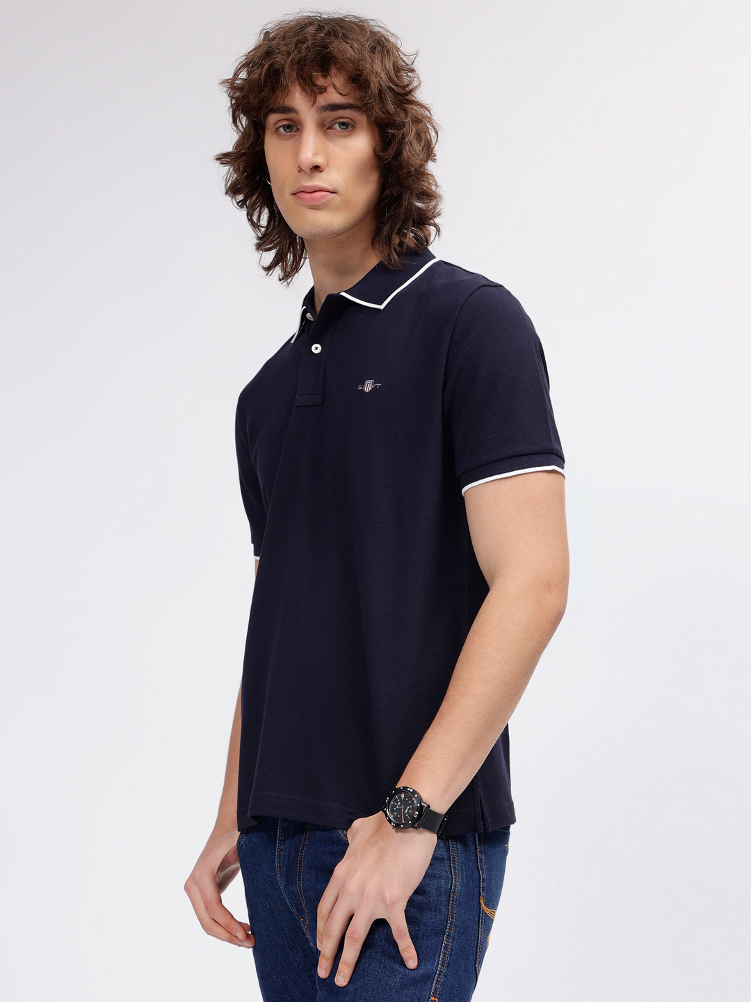 Gant Men Navy Blue Solid Polo Collar Short Sleeves T-shirt