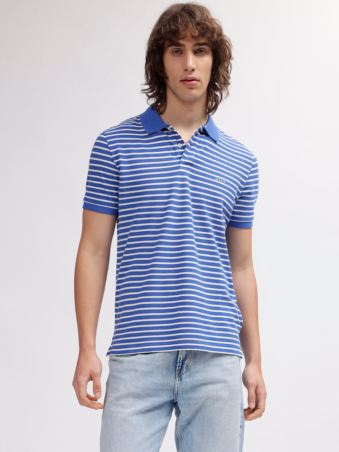 Gant Men Blue Striped Polo Collar Short Sleeves T-shirt