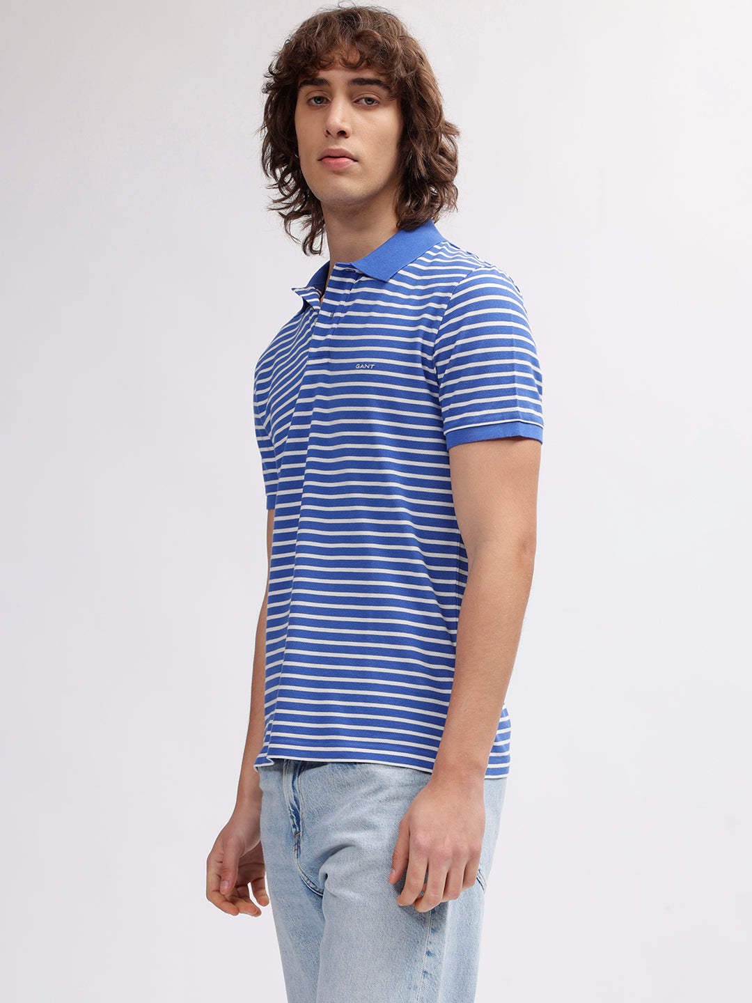 Gant Men Blue Striped Polo Collar Short Sleeves T-shirt