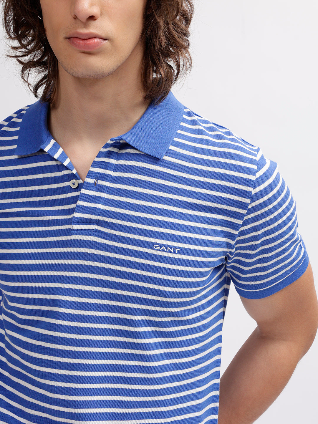 Gant Men Blue Striped Polo Collar Short Sleeves T-shirt