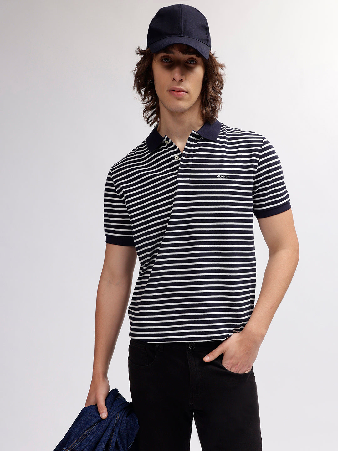 Gant Men Navy Blue Striped Polo Collar Short Sleeves T-shirt