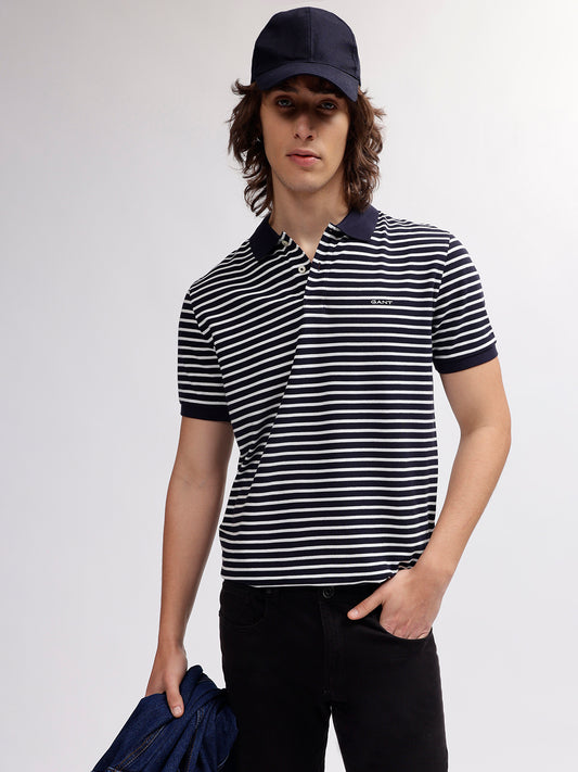 Gant Men Navy Blue Striped Polo Collar Short Sleeves T-shirt