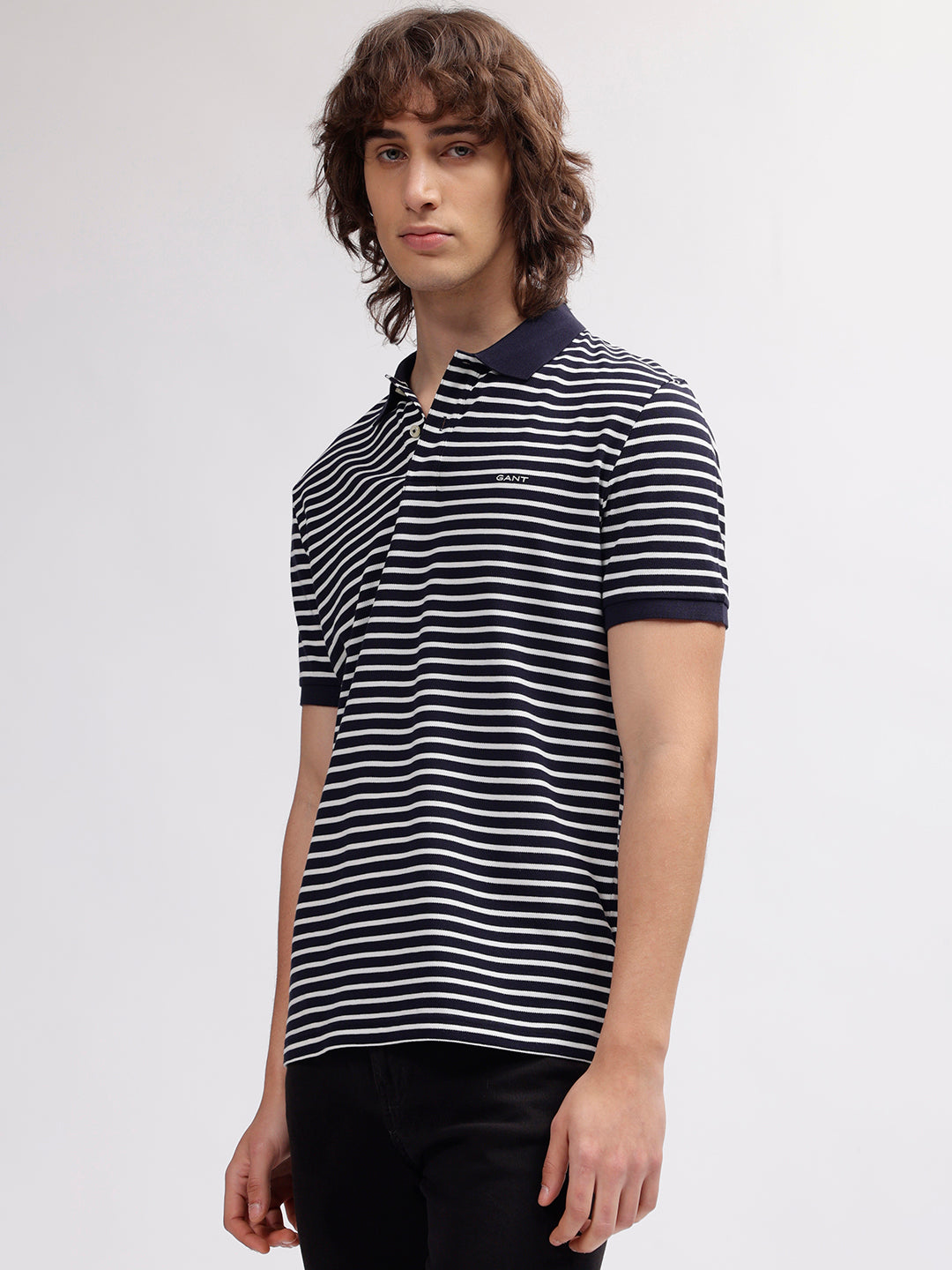 Gant Men Navy Blue Striped Polo Collar Short Sleeves T-shirt