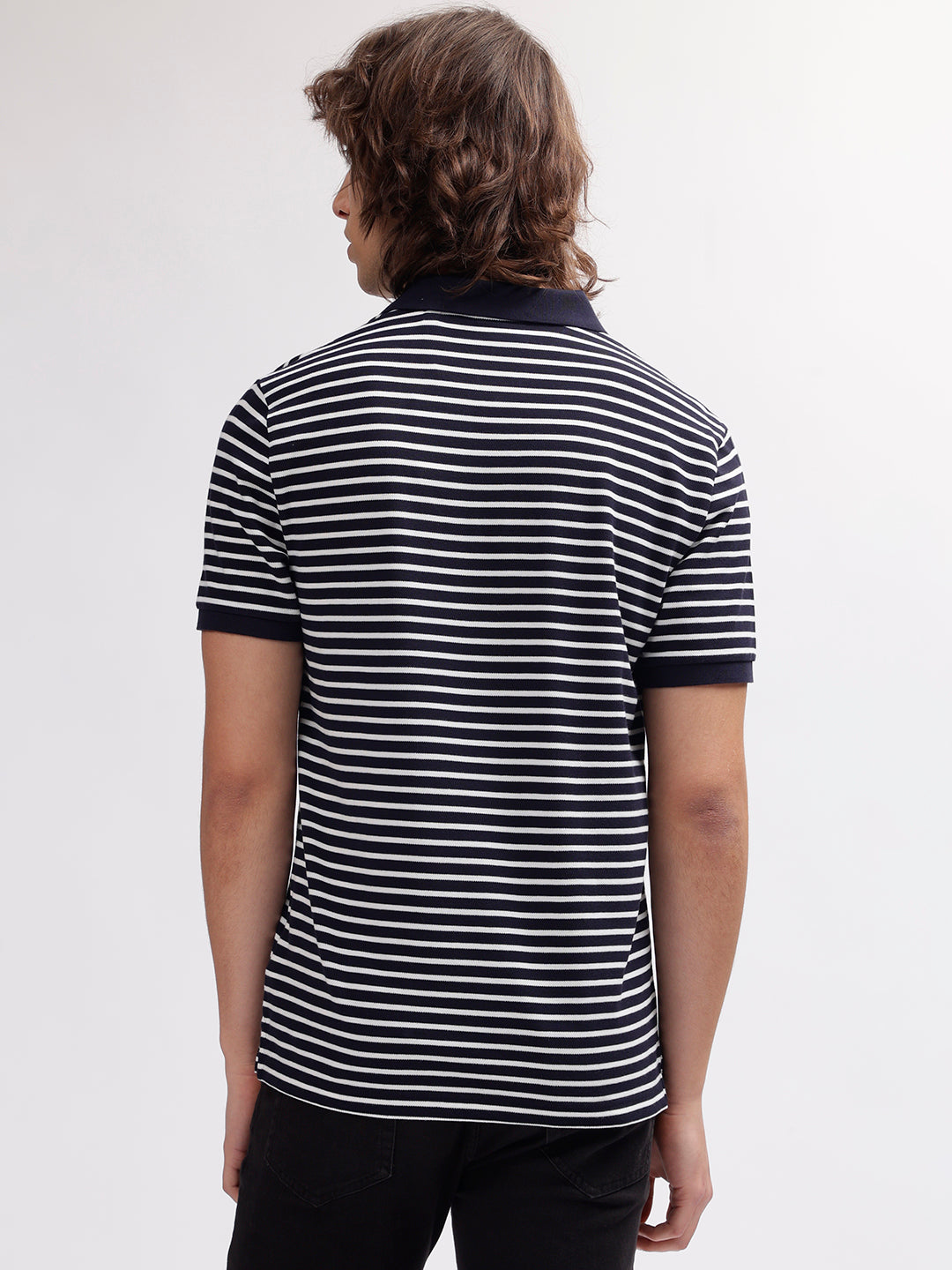 Gant Men Navy Blue Striped Polo Collar Short Sleeves T-shirt