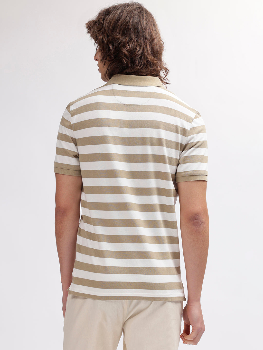 Gant Men Khaki Striped Polo Collar Short Sleeves T-shirt