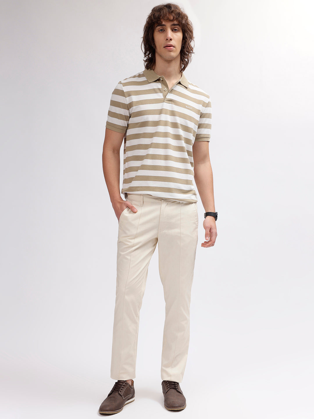 Gant Men Khaki Striped Polo Collar Short Sleeves T-shirt