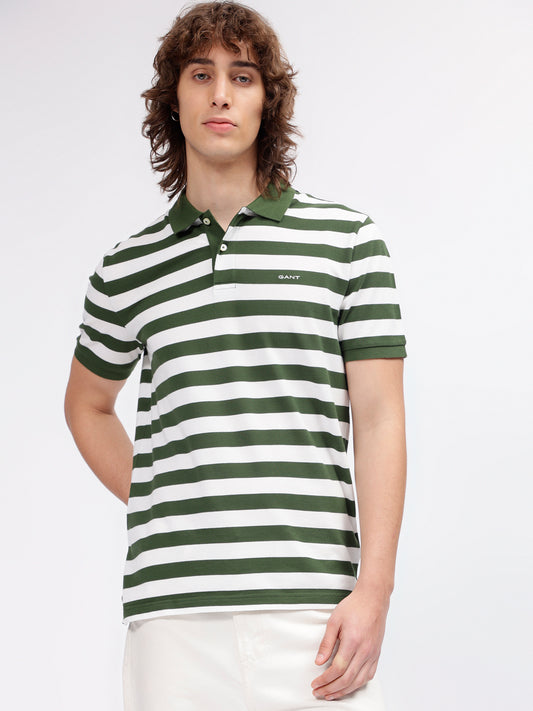 Gant Men Green Striped Polo Collar Short Sleeves T-shirt