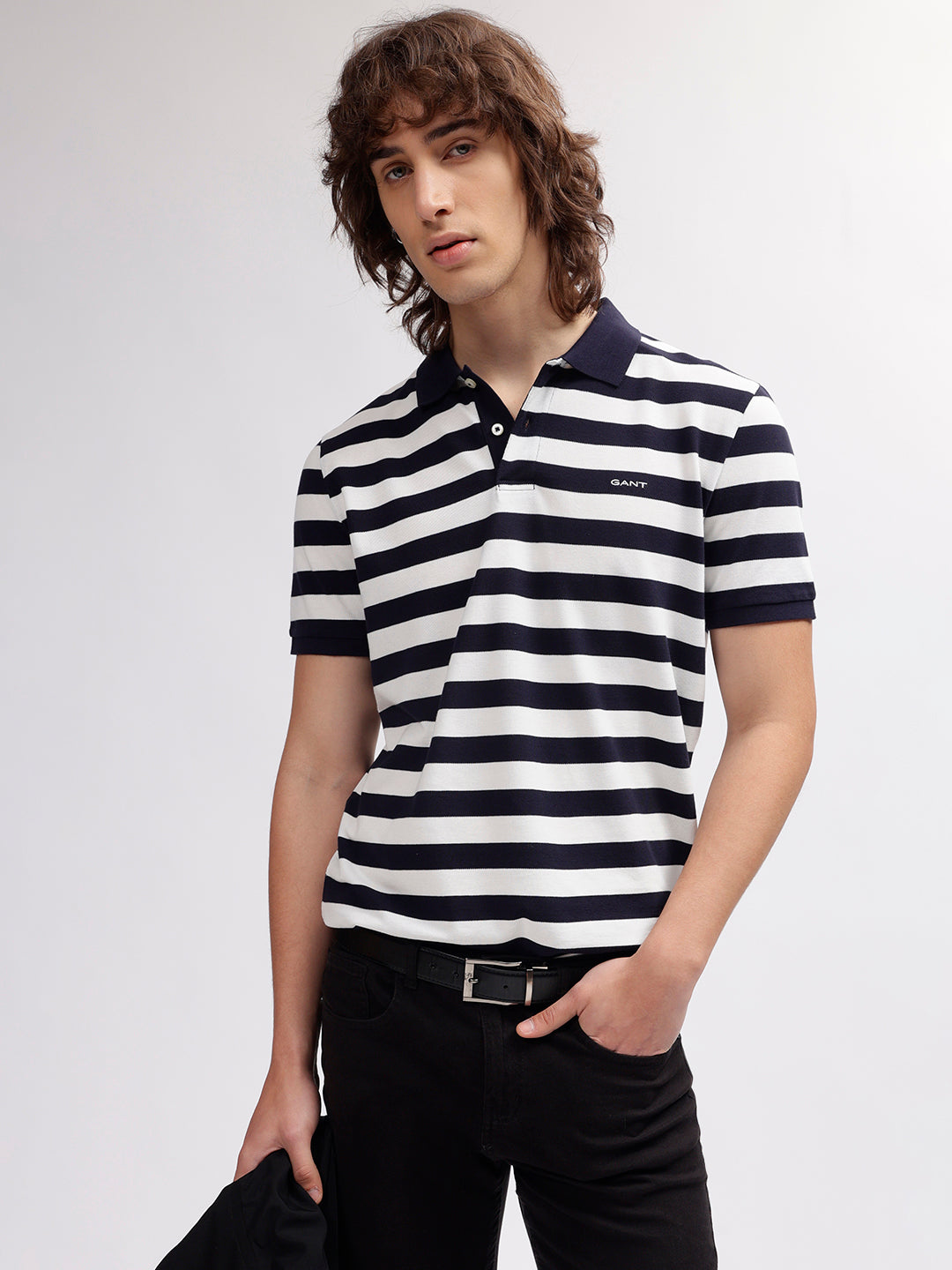 Gant Men Navy Blue Striped Polo Collar Short Sleeves T-shirt