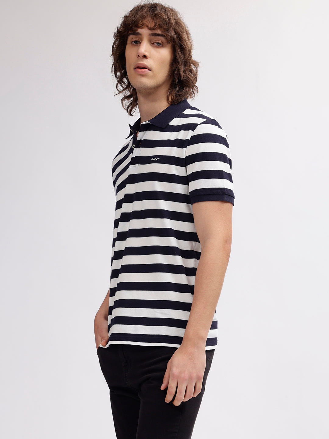 Gant Men Navy Blue Striped Polo Collar Short Sleeves T-shirt