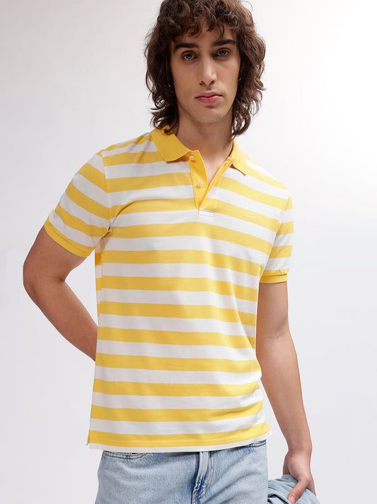 Gant Men Yellow Striped Polo Collar Short Sleeves T-shirt