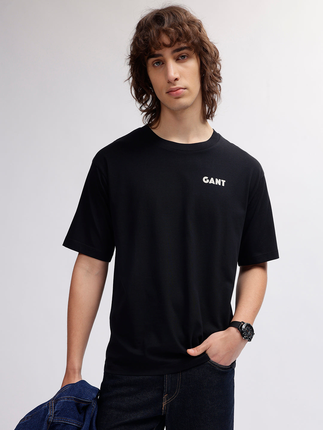 Gant Men Black Solid Round Neck Short Sleeves T-shirt