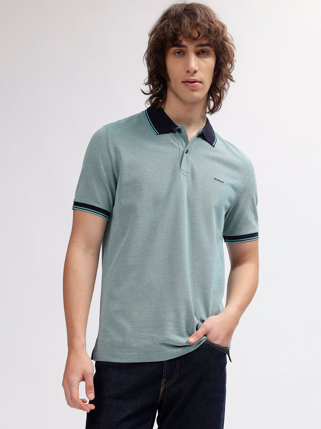 Gant Men Blue Solid Polo Collar Short Sleeves T-shirt