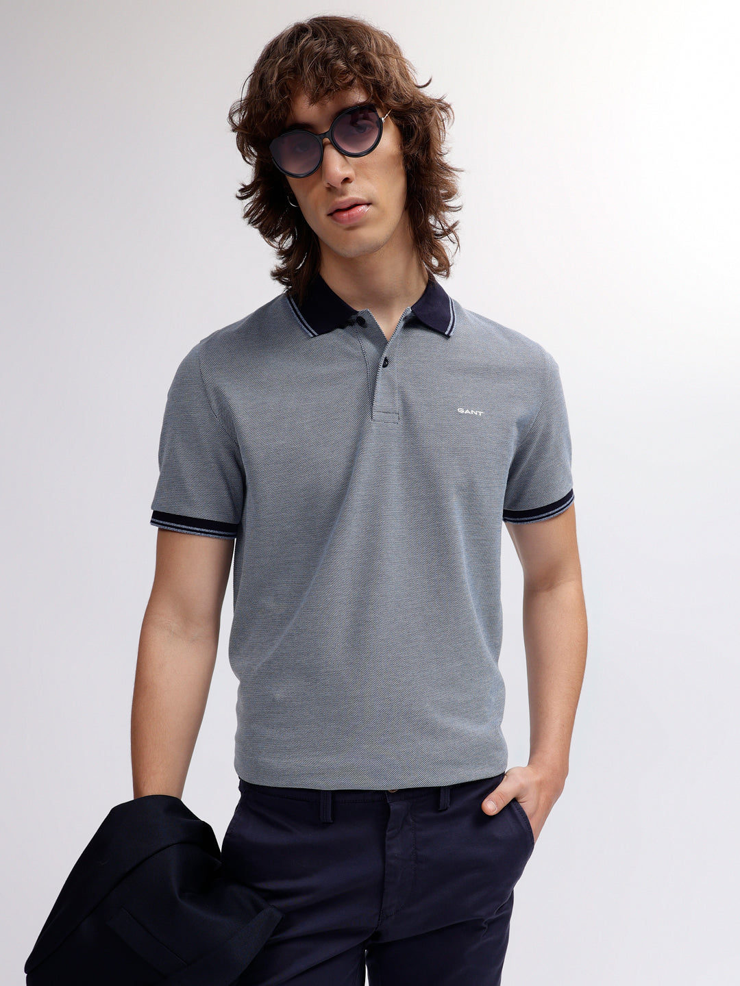 Gant Men Blue Solid Polo Collar Short Sleeves T-shirt