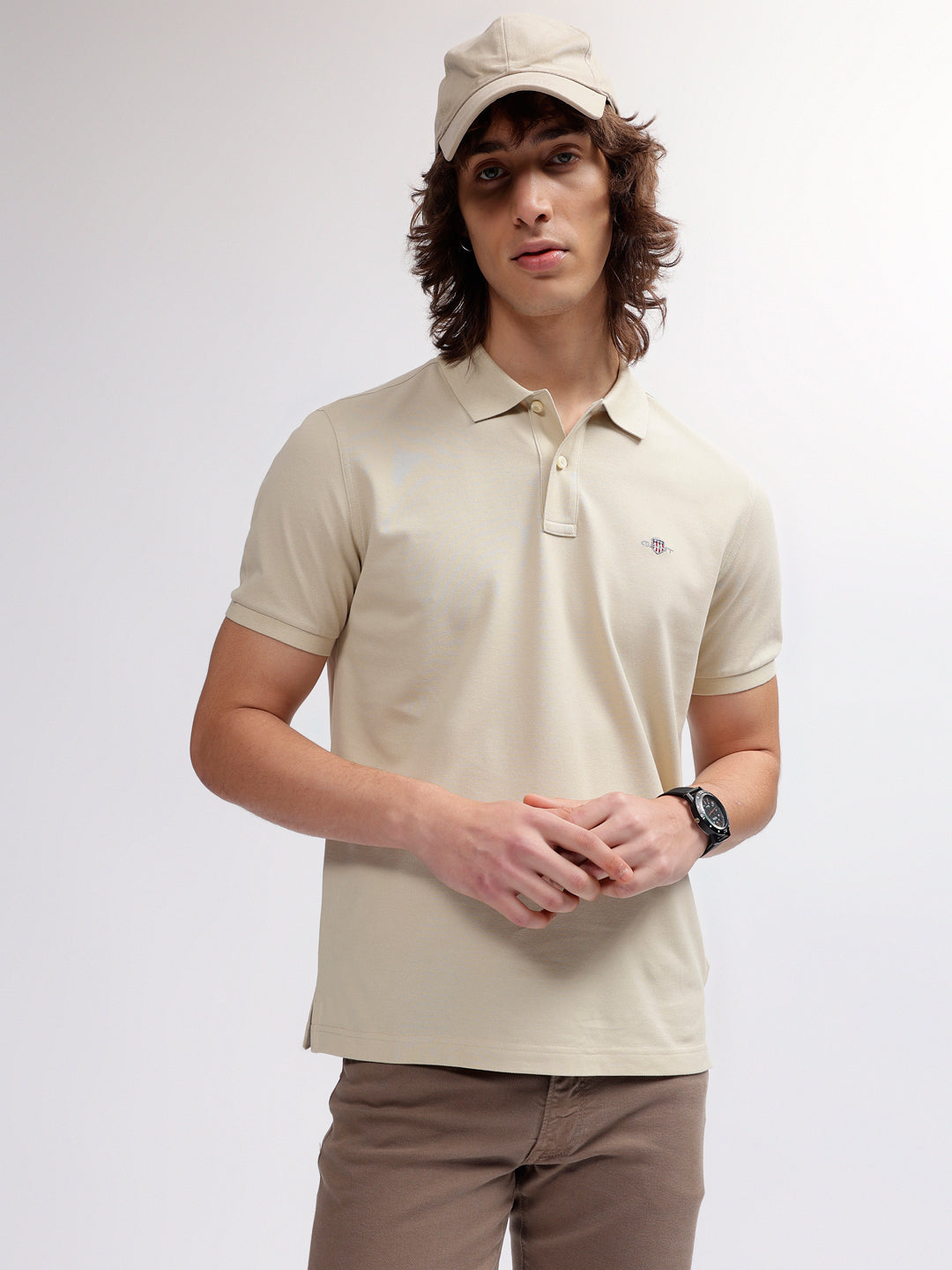 Gant Men Beige Solid Polo Collar Short Sleeves T-shirt