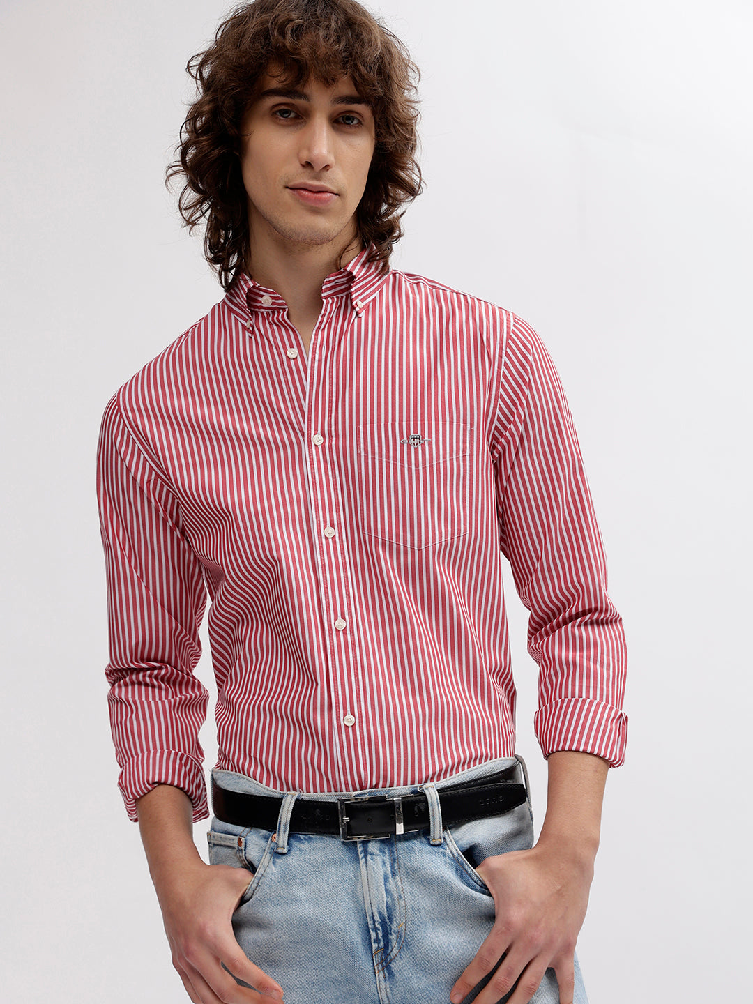 Gant Men Red Striped Button Down Collar Full Sleeves Shirt