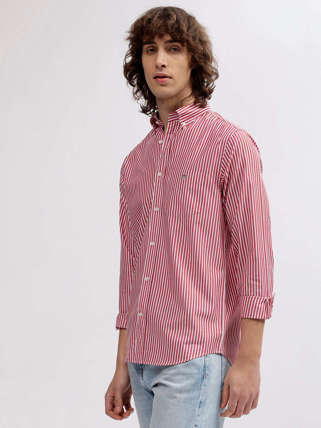 Gant Men Red Striped Button Down Collar Full Sleeves Shirt