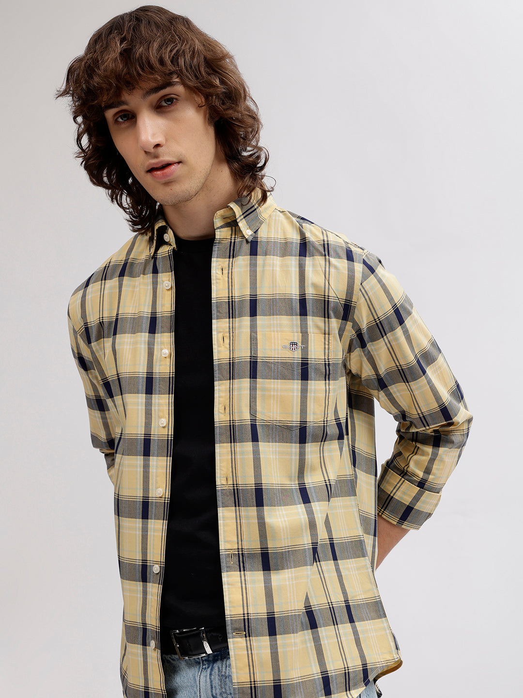 Gant Men Yellow Checked Button Down Collar Full Sleeves Shirt