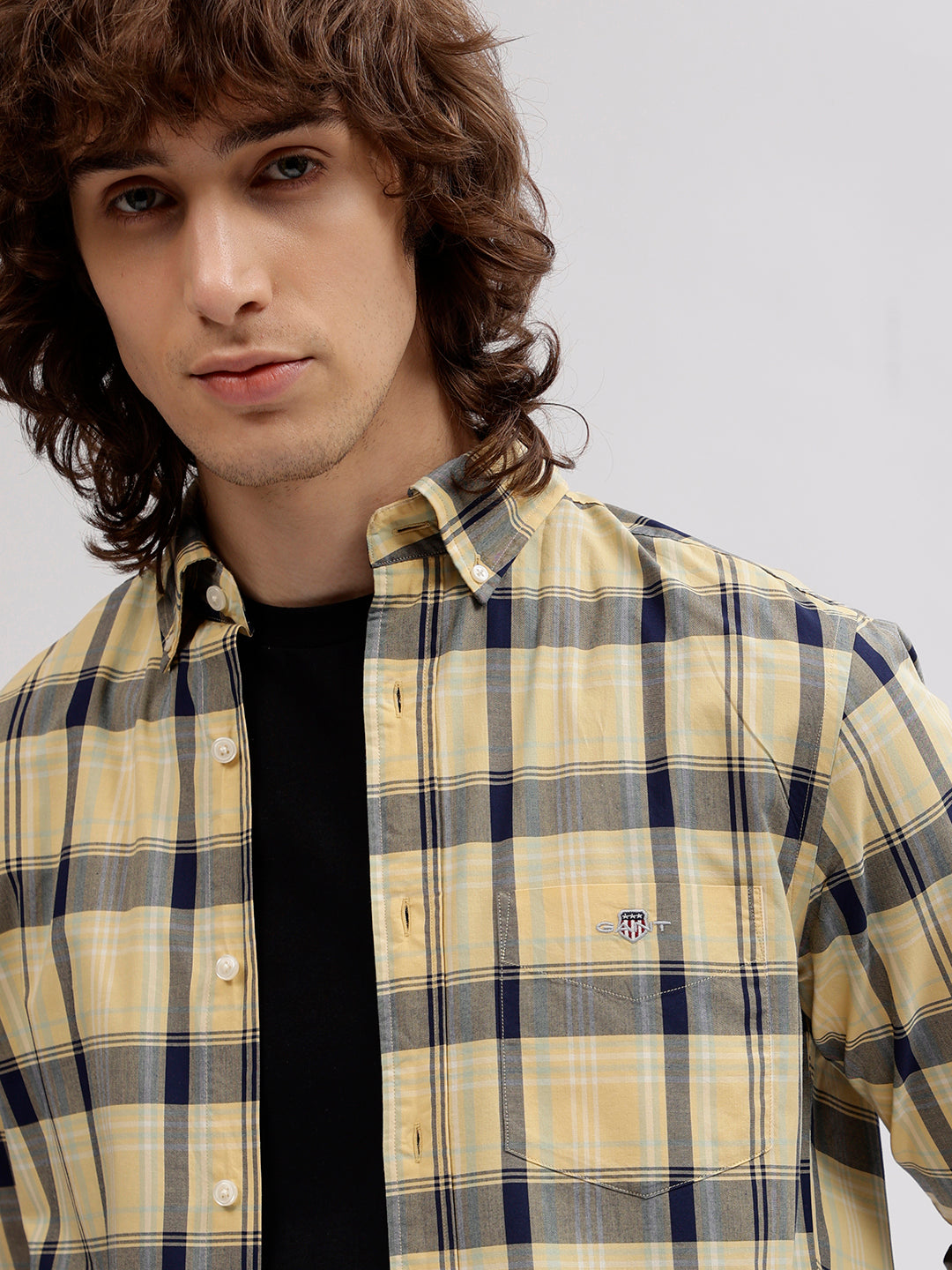 Gant Men Yellow Checked Button Down Collar Full Sleeves Shirt