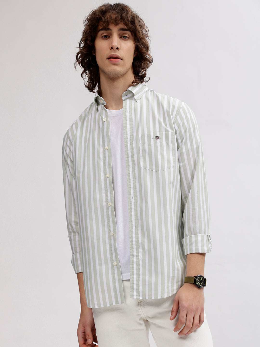 Gant Men Green Striped Button Down Collar Full Sleeves Shirt