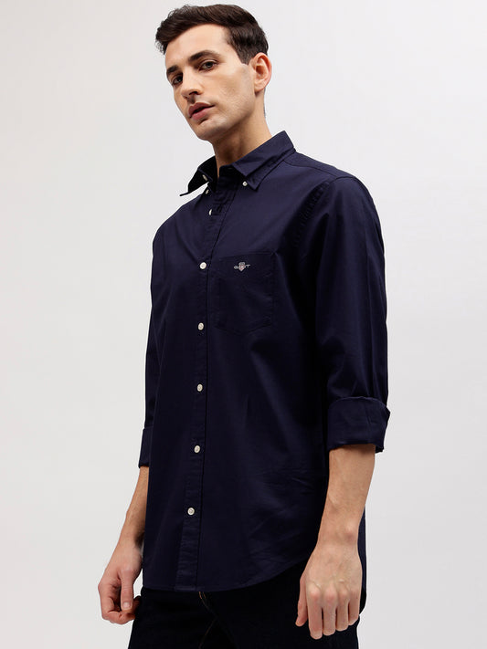 Gant Men Blue Solid Button-down Collar Full Sleeves Linen Shirt