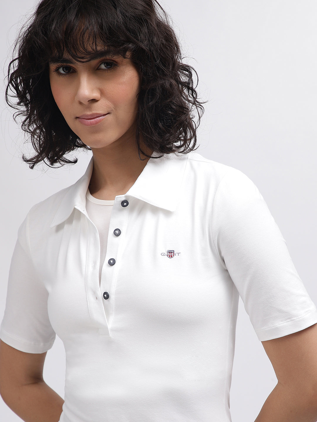 Shop Gant Women White Solid Polo Collar Short Sleeves T Shirt Online Iconic India