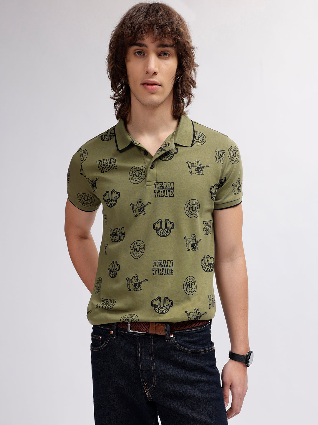 True Religion Men Green Printed Polo Collar Short Sleeves T-shirt