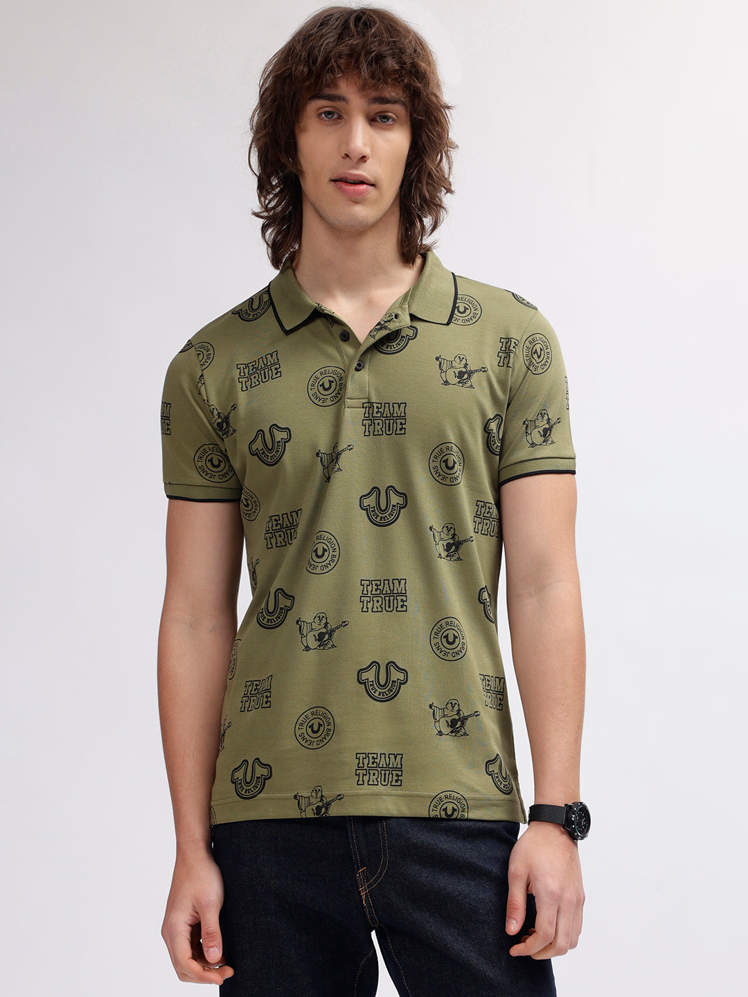 True Religion Men Green Printed Polo Collar Short Sleeves T-shirt