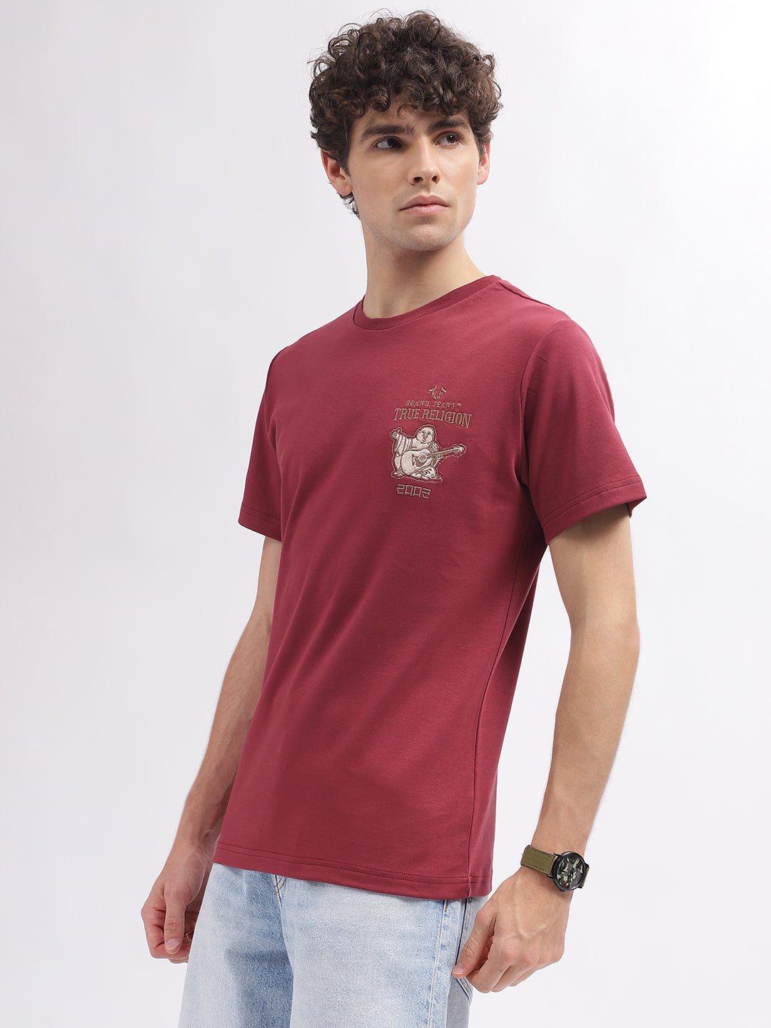 True Religion Men Red Solid Round Neck Short Sleeves T-Shirt