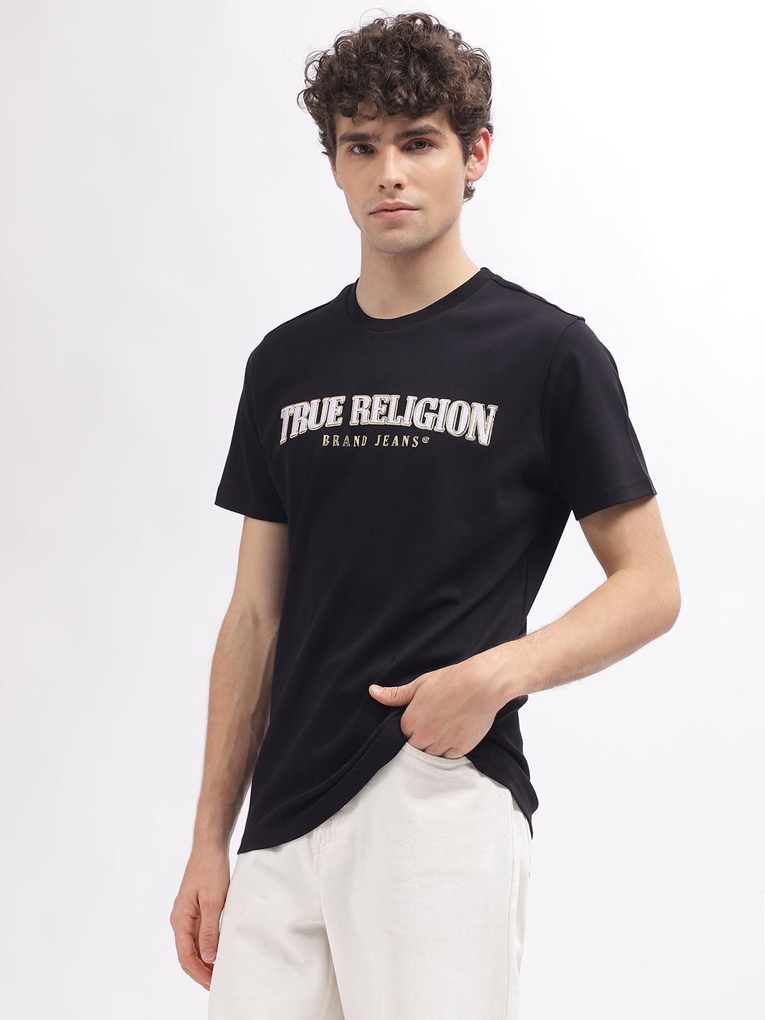 True Religion Men Black Printed Round Neck Short Sleeves T-Shirt