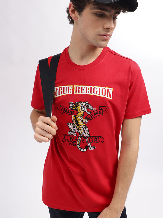 True Religion Men Red Printed Round Neck Short Sleeves T-Shirt