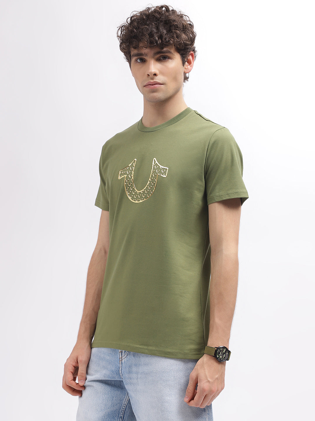 True Religion Men Green Solid Round Neck Short Sleeves T-Shirt