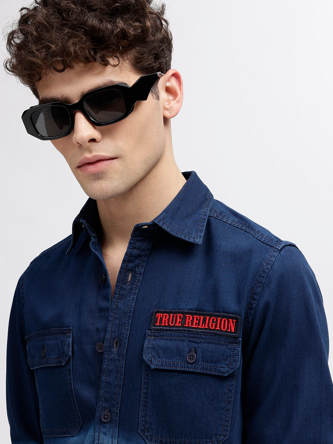 True Religion Men Blue Printed Spread Collar Full Sleeves Shirt