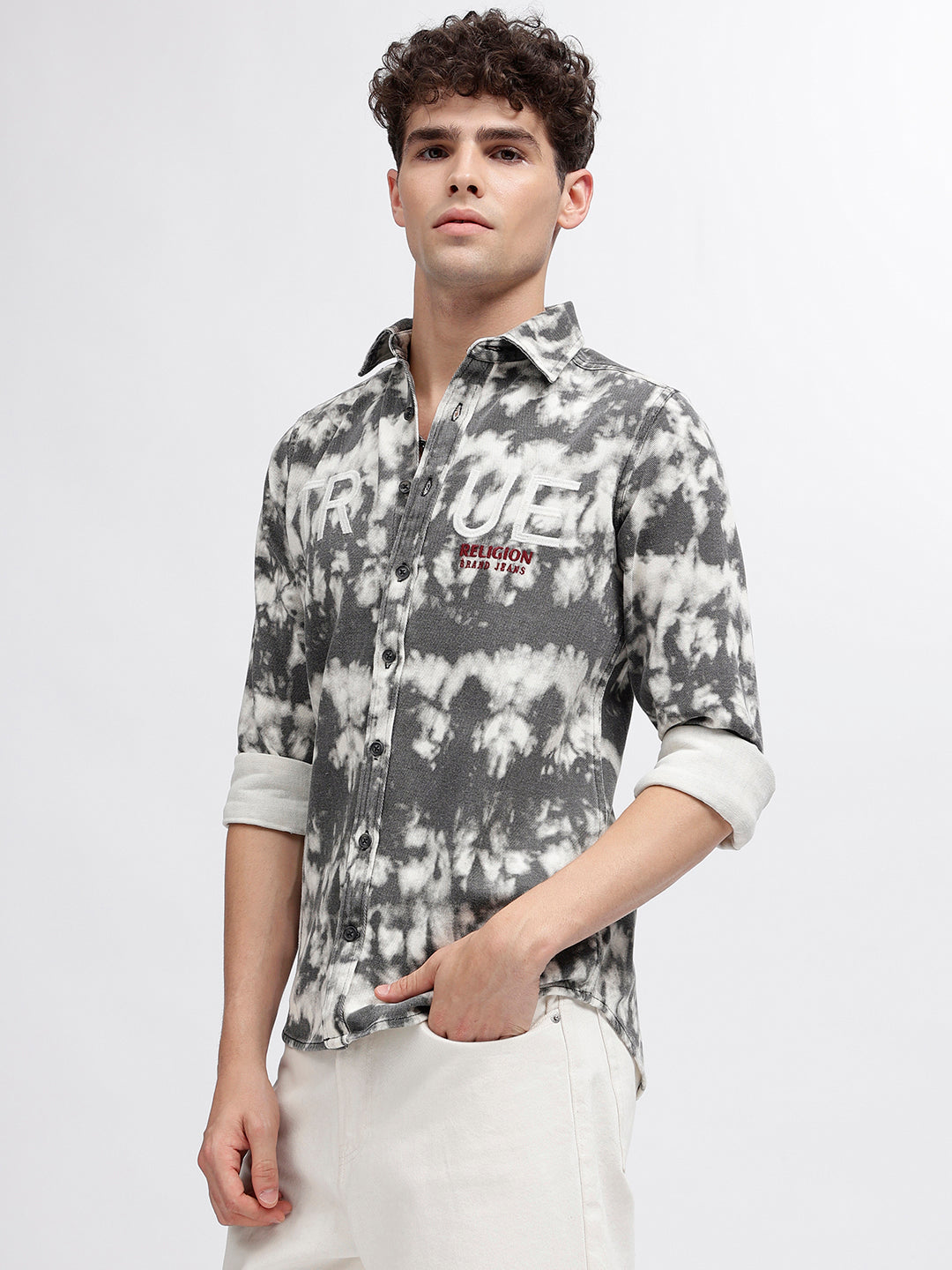 True Religion Men Grey Printed Spread Collar Full Sleeves Shirt