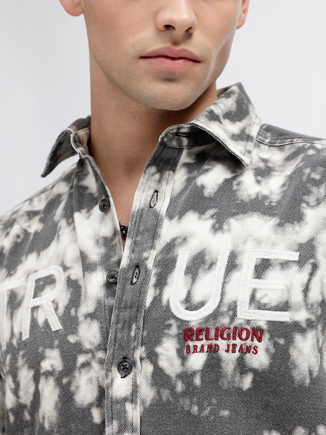 True Religion Men Grey Printed Spread Collar Full Sleeves Shirt