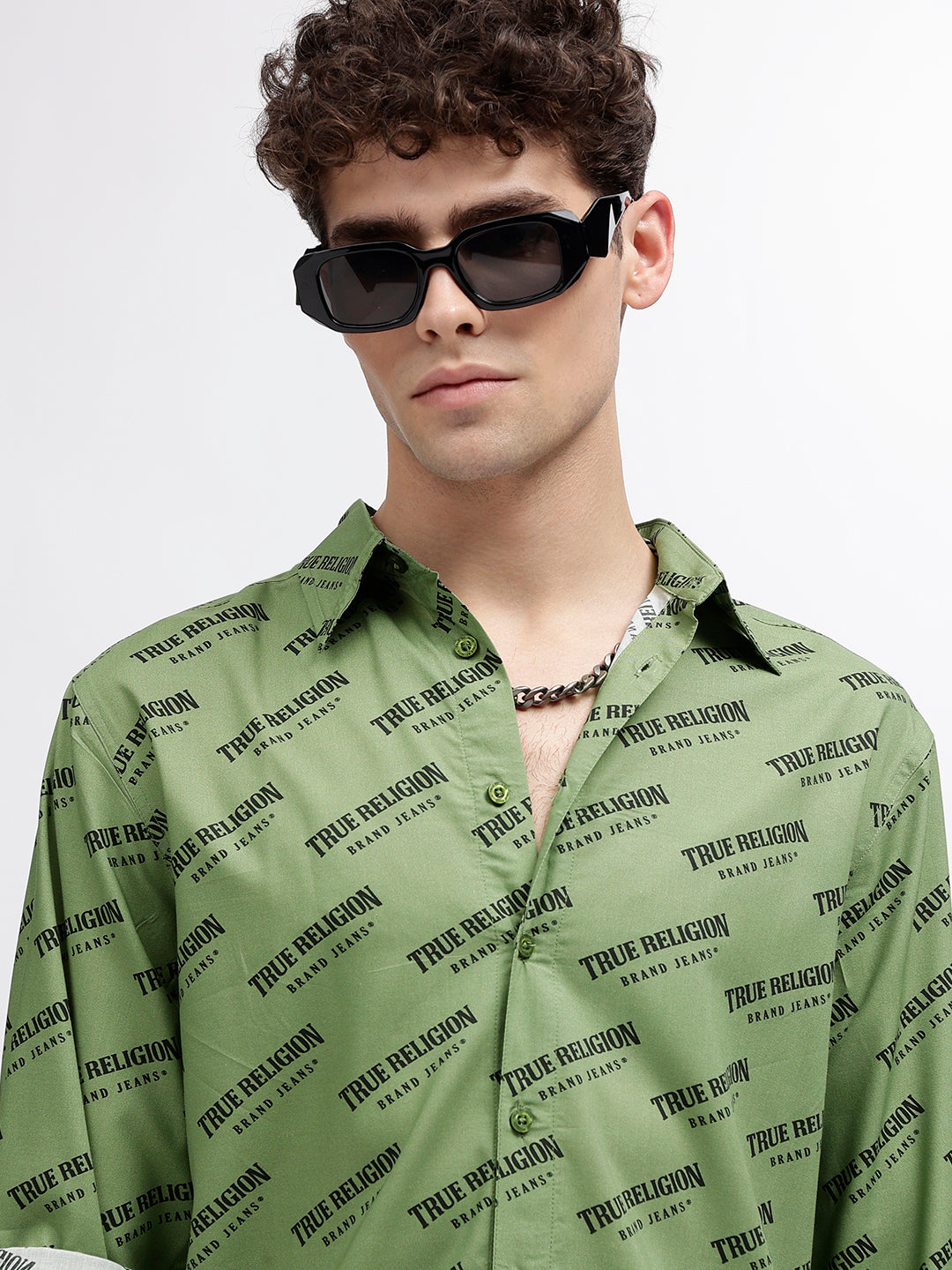 True Religion Men Green Printed Spread Collar Full Sleeves Shirt