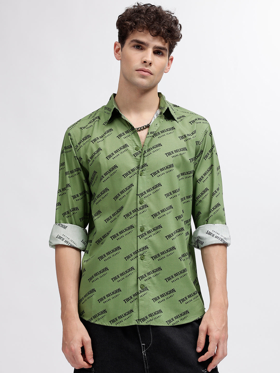 True Religion Men Green Printed Spread Collar Full Sleeves Shirt