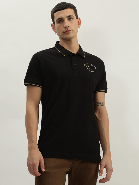 True Religion Men Black Solid Polo Collar Short Sleeves Polo T-Shirt