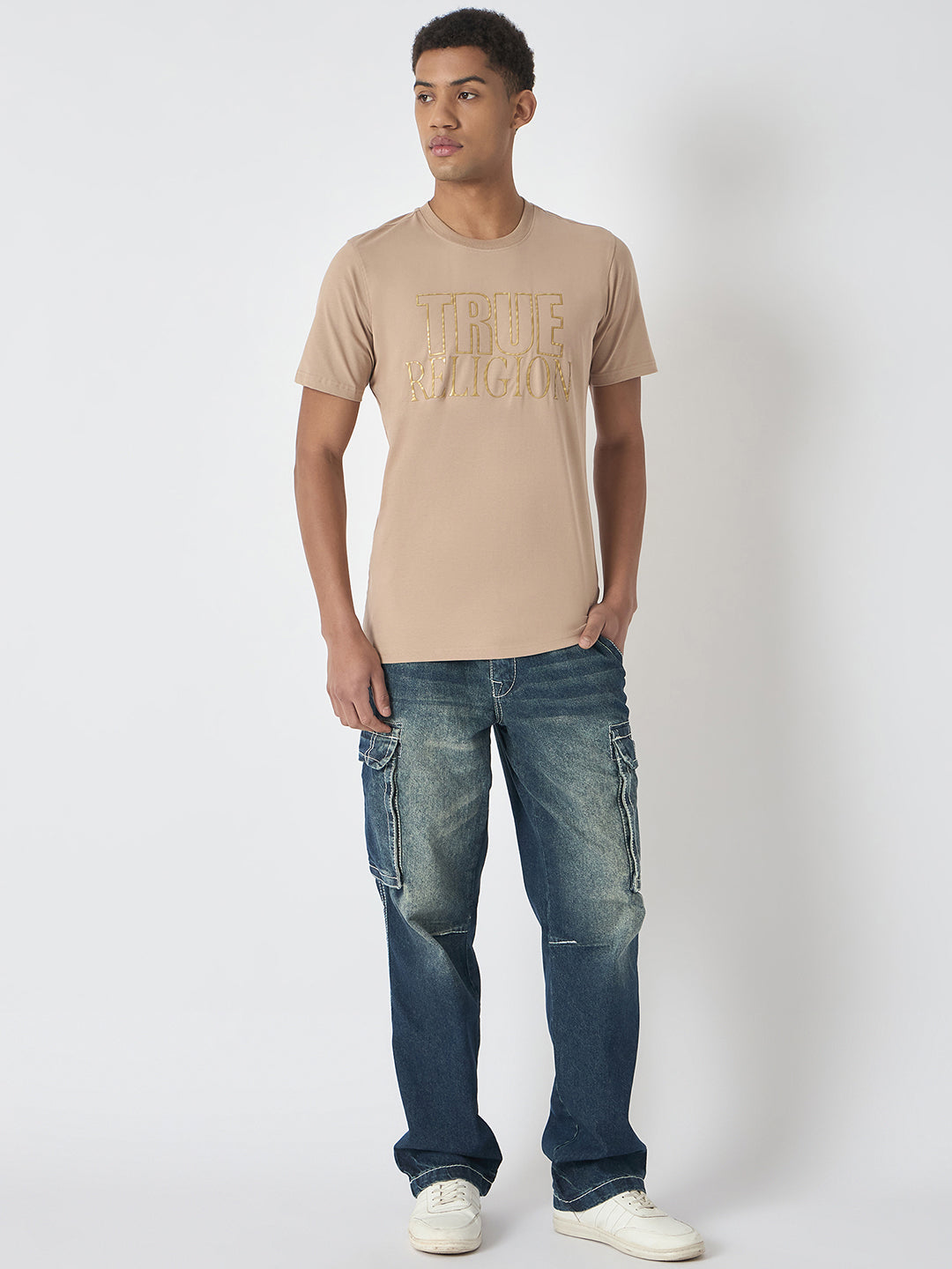 True Religion Men Beige Printed Round Neck Short Sleeves T-Shirt