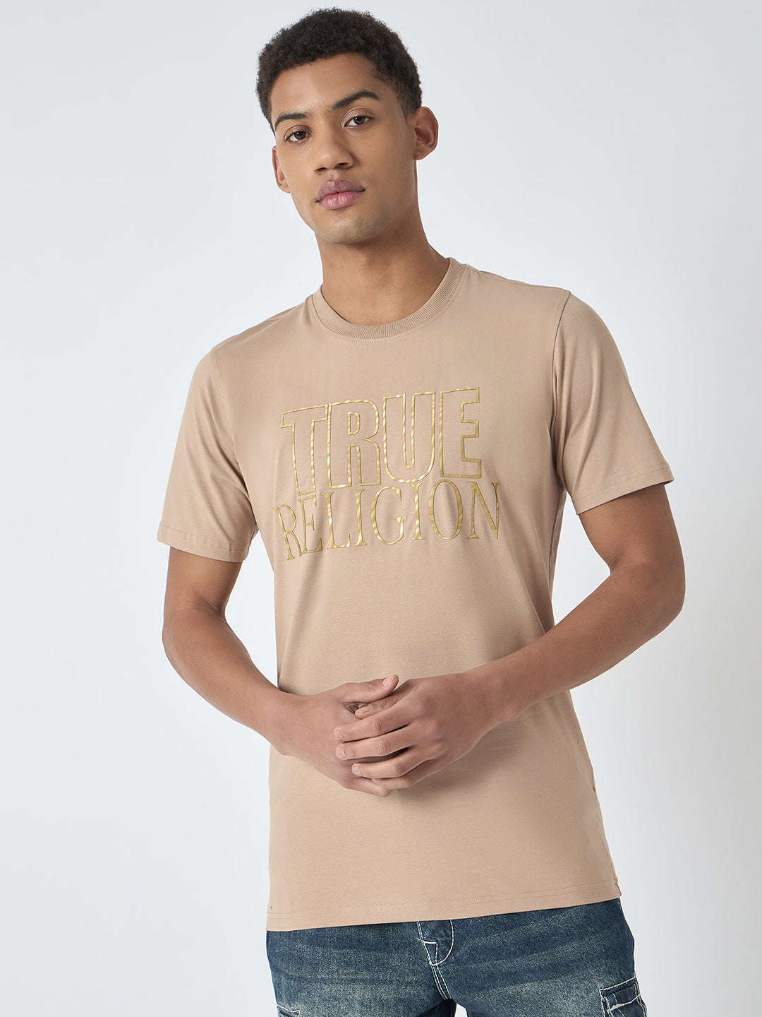 True Religion Men Beige Printed Round Neck Short Sleeves T-Shirt