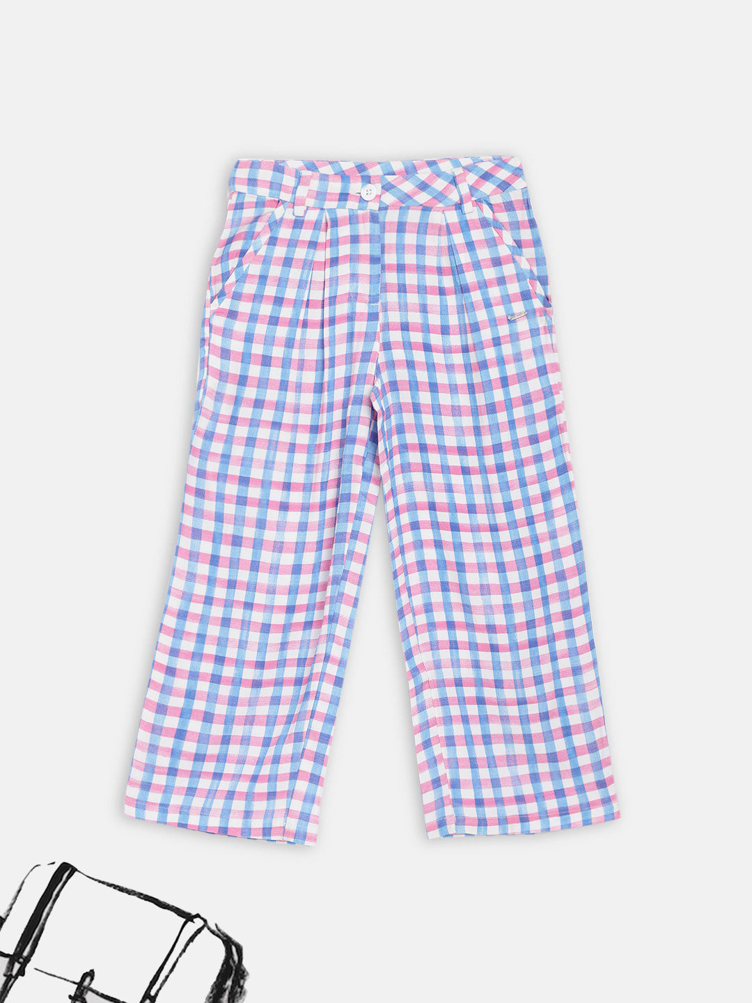 Blue Giraffe Girls Blue Checked Regular Fit Trouser