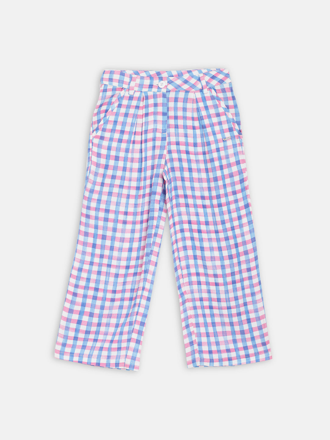 Blue Giraffe Girls Blue Checked Regular Fit Trouser