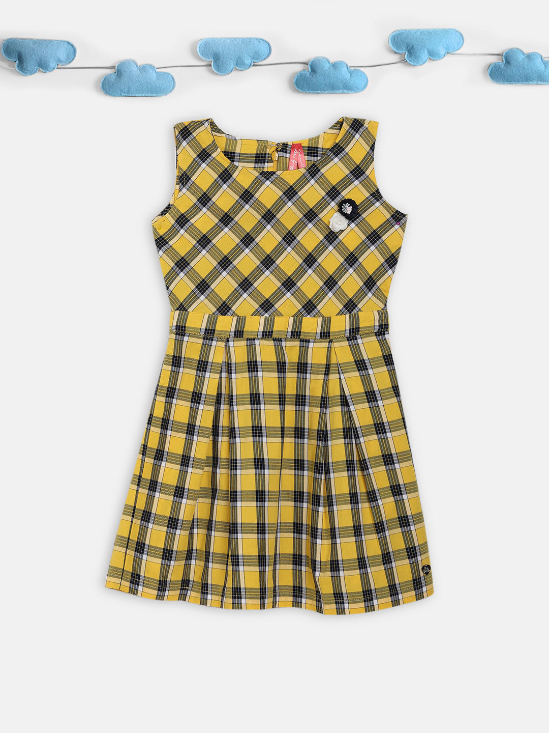 Blue Giraffe Girls Yellow Checked Round Neck Dress